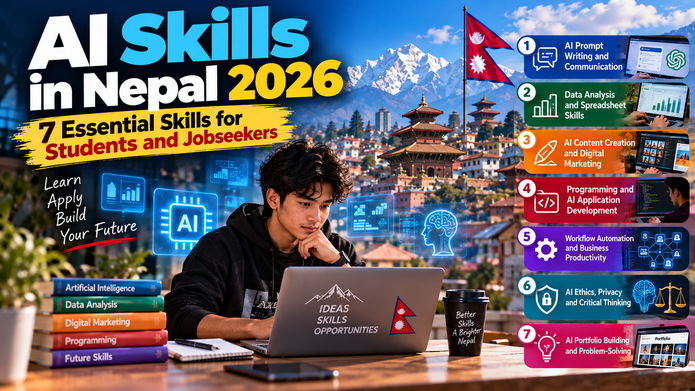 AI skills in Nepal 2026 – seven essential skills for students and jobseekers, including prompt writing, data analysis, programming and digital marketing