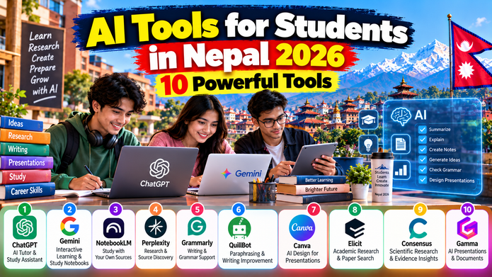 AI tools for students in Nepal 2026 featuring ChatGPT, Gemini, NotebookLM, Canva, Grammarly and digital learning