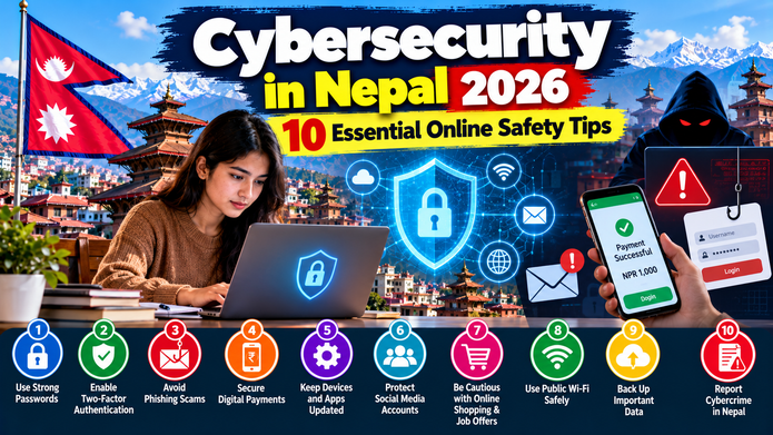Cybersecurity in Nepal 2026 showing online fraud prevention, phishing protection, password security and safe digital payments