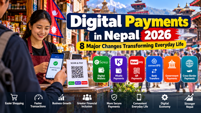 Digital payments in Nepal 2026 showing QR code transactions, mobile banking, eSewa, Khalti and cashless shopping