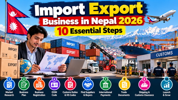Import export business in Nepal showing international shipping, customs clearance, cargo containers and Nepalese entrepreneurs