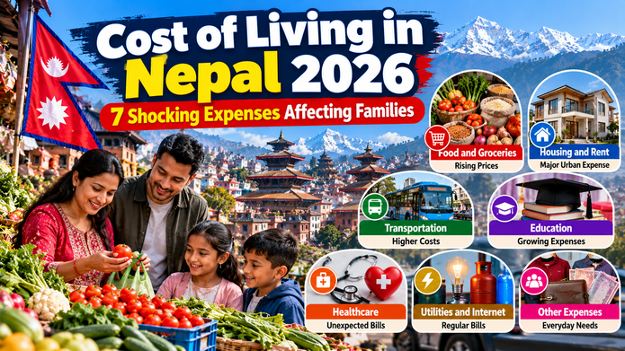 Cost of living in Nepal 2026 showing rising grocery expenses, housing costs, transportation, education and family budgets