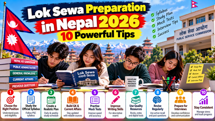 Lok Sewa preparation in Nepal 2026 with students studying PSC examination books, practice questions and a study timetable