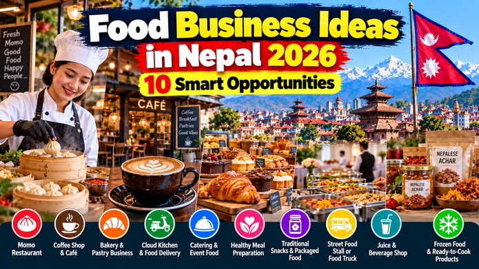 Food business ideas in Nepal showing cafés, momo shops, bakeries, cloud kitchens, catering and Nepalese food entrepreneurs