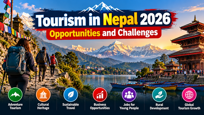 Tourism in Nepal 2026 featuring Himalayan trekking, cultural heritage, tourism opportunities and challenges