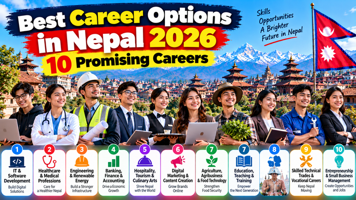Explore 10 promising career options in Nepal in 2026, including IT, healthcare, engineering, finance and tourism. Discover skills, qualifications and career tips.
