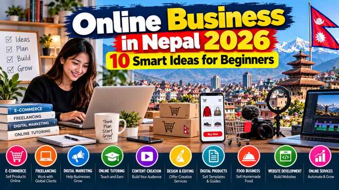 Online business in Nepal 2026 showing e-commerce, freelancing, digital marketing and young entrepreneurs