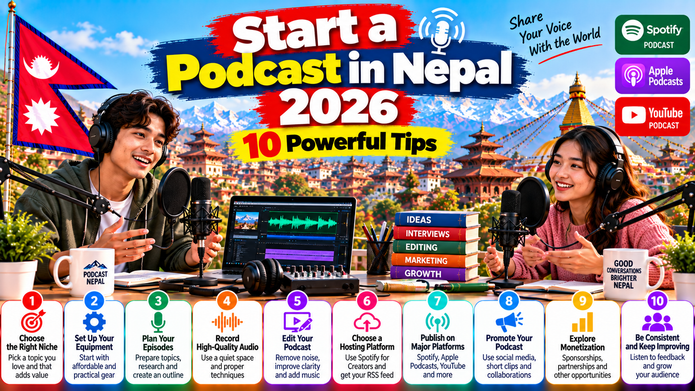 Featured image alt text Podcast in Nepal 2026 featuring Nepali creators recording with microphones, headphones and a laptop, with 10 powerful podcasting tips