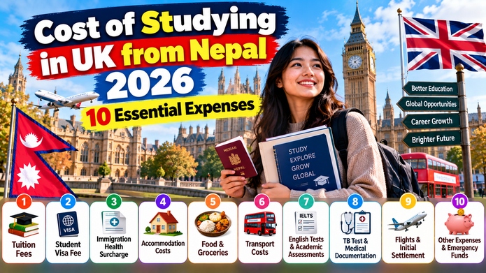 Cost of studying in UK from Nepal in 2026, showing Nepalese students, university tuition, visa fees and living expenses
