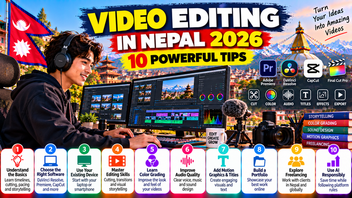 Video editing in Nepal 2026 showing a Nepali student editing videos on a computer with a timeline, camera and 10 powerful learning tips